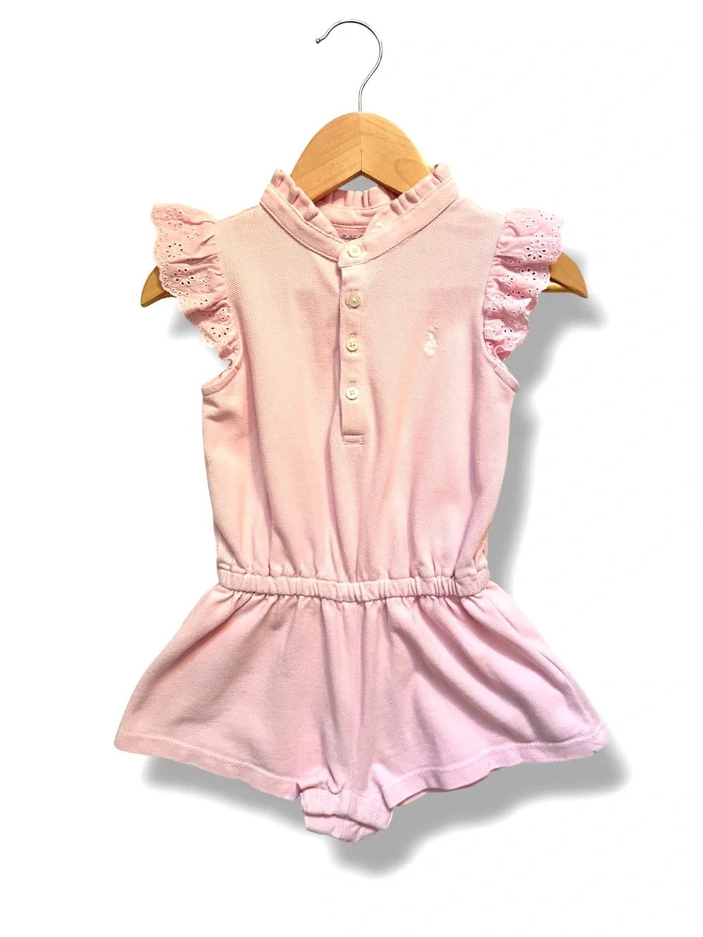 Ralph Lauren Baby Girl Pink Eyelet Ruffle Sleeve Romper 18M Cotton Pique